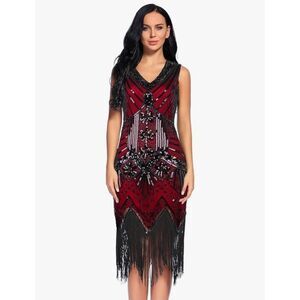 Women's 1920s Gastby Sequin Embellished Fringed Flapper Dress, Red/Blk, EUC, M